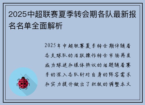2025中超联赛夏季转会期各队最新报名名单全面解析