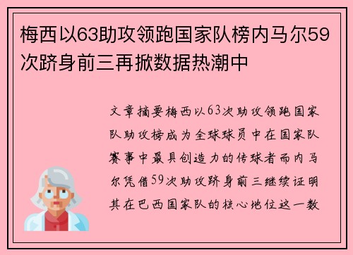 梅西以63助攻领跑国家队榜内马尔59次跻身前三再掀数据热潮中
